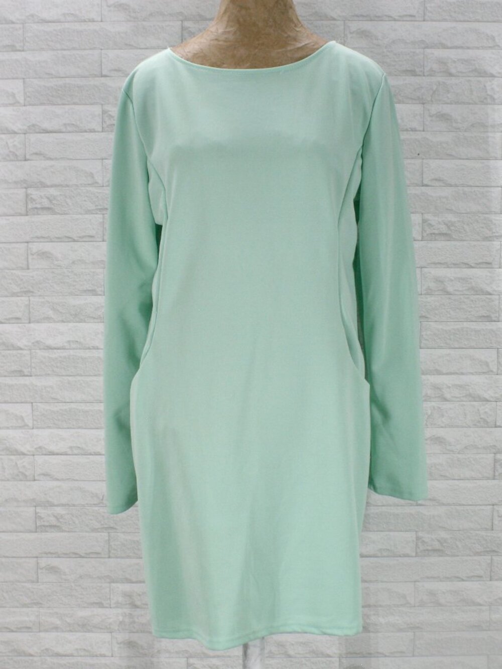 Dress Long Sleeve Oversized Mini Retro Pullover Pastel Mint Green Plus Size 1X